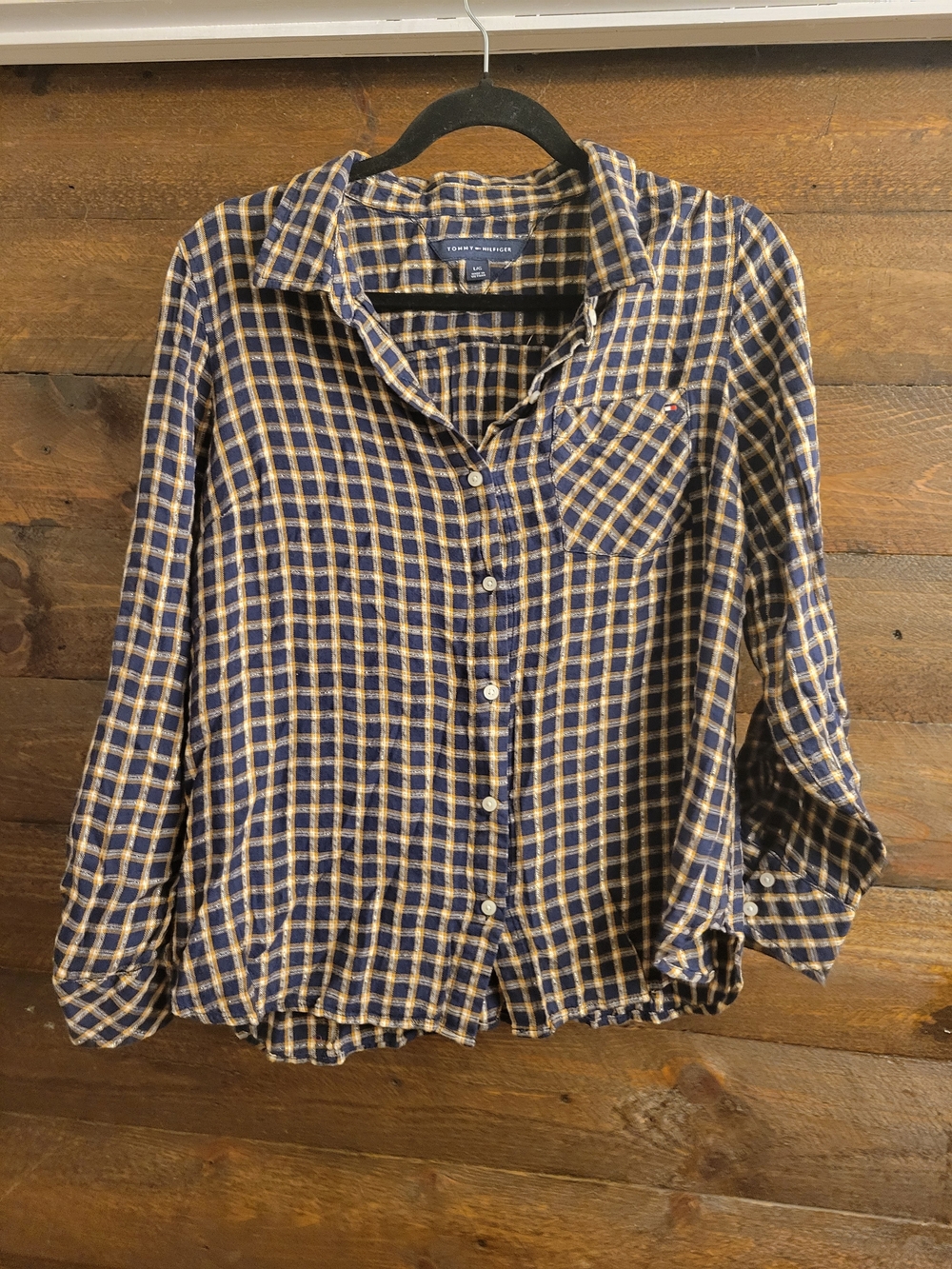 Tommy Hilfiger Navy and Tan Plaid Button-Down Shirt
